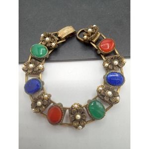 Vintage Glass Stone Faux Pearl Bracelet 1950s Collectible Jewelry
